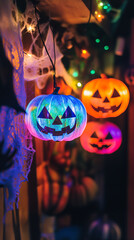 Naklejka premium Cozy LGBT Halloween Gathering with Festive Rainbow Decorations