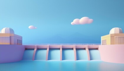 A serene digital rendering of a modern dam, featuring flowing water and a clear blue sky with fluffy clouds.