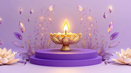 Banner design for diwali festival and purple podium,Diwali light decoration candle with fireworks,Stage,Product display Showcase design sparkle background,Deepavali,Dipavali,3D podium illustration.