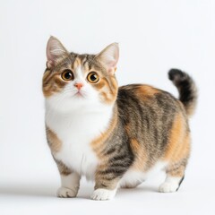 Obraz premium A calico Munchkin cat with bright orange eyes stands on a white background, looking up to the left with its tail curled around to the side.