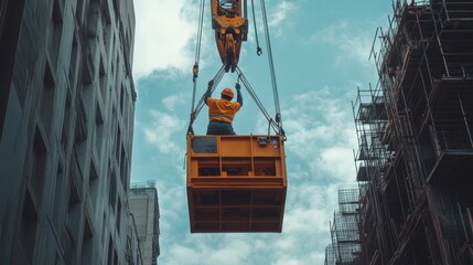 Construction Worker Hanging From Crane Above Buildings