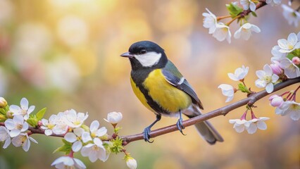 Fototapeta premium Tomtit sitting on a blooming branch in Spring, tomtit, bird, sitting, branch, spring, nature, wildlife, small, colorful