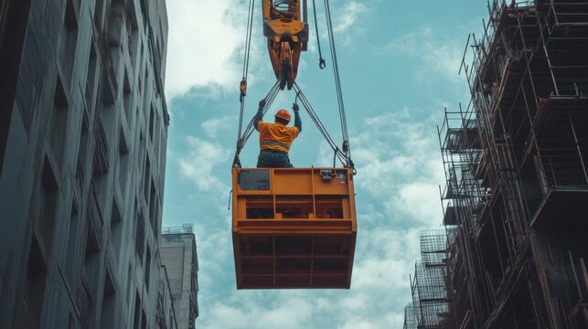 Construction Worker Hanging From Crane Above Buildings
