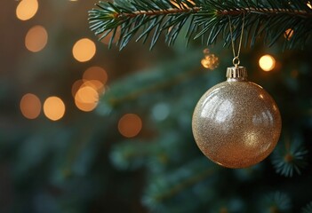 A decorative glass bauble on a fir branch against a blurred background, reflecting the essence of both the Christmas holidays and the New Year celebration