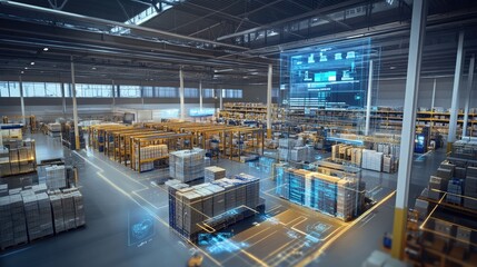 Fototapeta premium Automated warehouse with a robotic forklift moving boxes.
