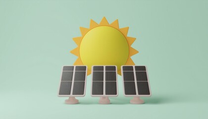 Colorful illustration of solar panels powered by a bright sun, symbolizing renewable energy and sustainability.
