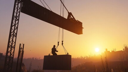 A Construction Worker Using a Crane to Lift a Large Concrete Slab at Sunset