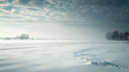 A serene winter landscape featuring drifting snow across frozen lake, with soft, cloudy sky above. tranquil scene evokes sense of calm and solitude