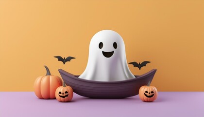 Fototapeta premium A cheerful ghost decorates a Halloween scene with pumpkins and bats, perfect for festive illustrations and autumn celebrations.