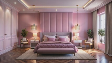 Fototapeta premium Plush pink bedroom with ambient lighting and stylish decor, modern, chic, elegance, plush, pink, bedroom, ambient lighting