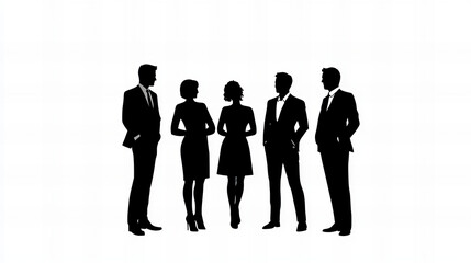 silhouettes of five professionals standing together, creating a formal and minimalistic representation of business interaction