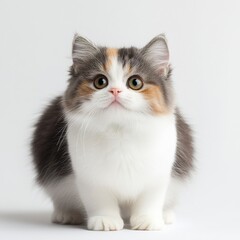 Obraz premium A fluffy calico kitten with big, golden eyes stares curiously at the camera, sitting against a white background.