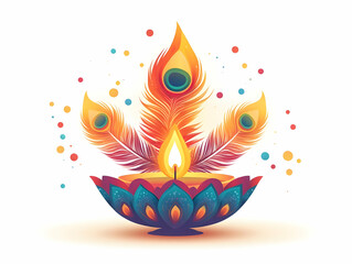 Obraz premium Elegant Flat Vector Illustration of a Diwali Lantern and Peacock Feather with Glowing Highlights Isolated on White Background - Celebrating Cultural Significance