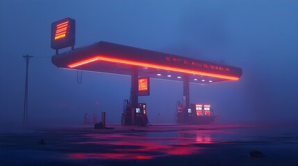 Fototapeta premium Blacked out Gas Station Structure Under Neon Lights and Glowing Twilight Sky