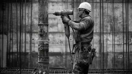 Fototapeta premium Construction Worker Drilling a Metal Post with a Power Drill