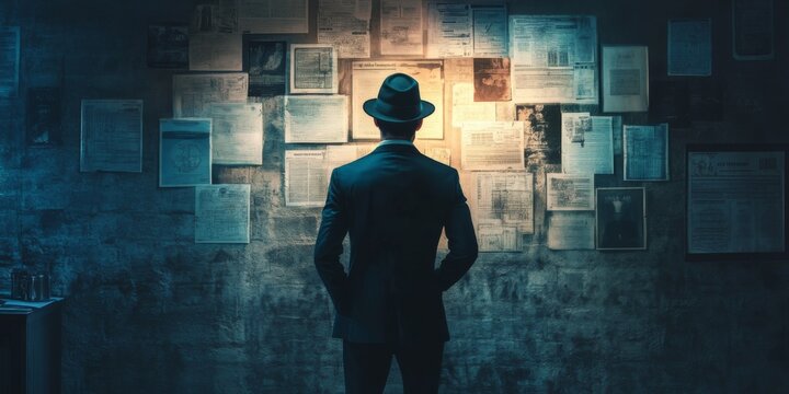 A Mysterious Investigator is Focused on Analyzing Clues Affixed to a Wall of Evidence and Leads