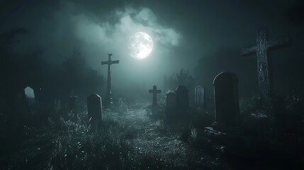 Fototapeta premium Mysterious Graveyard under a Full Moon with Eerie Fog Creating a Haunting Atmosphere