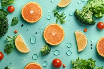 Fresh fruits and vegetables arranged artistically on a colorful background, showcasing vibrant colors and healthy ingredients.