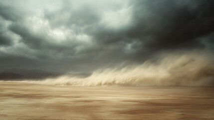 A windstorm is blowing sand across vast desert landscape, creating dramatic scene with dark clouds looming overhead. powerful forces of nature evoke sense of awe and intensity