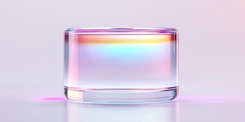 Glass cylinder with iridescent reflection on clear background.