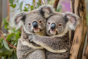 Obraz premium Two adorable koalas embracing on a tree branch in a natural setting.