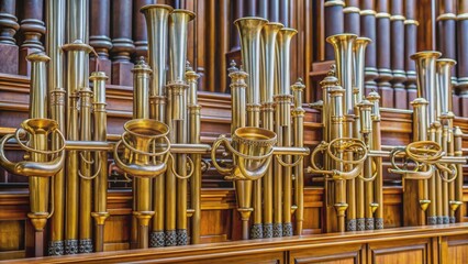 Obraz premium Horizontal trumpets of a pipe organ with powerful reed pipes mounted en chamade , pipe organ, trumpet, horizontal