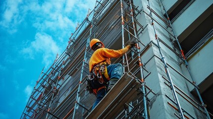 Construction Worker Ascending Scaffolding on Building Exterior