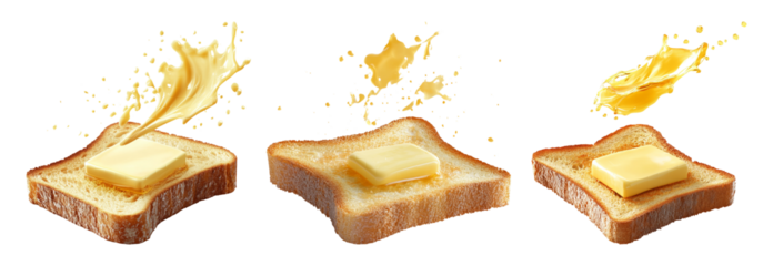 Three slices of toast with melting butter isolated on transparent background
