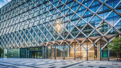 Naklejka premium Modern building with a glass facade featuring a steel pattern design , architecture, modern, building, glass