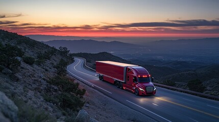 Fototapeta premium A red semi-trailer truck drives along a mountain road at sunset, with a view of a valley below.