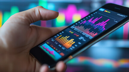 Hand holding a smartphone displaying financial charts.
