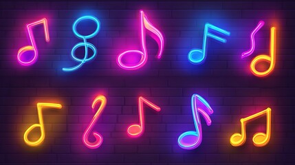 Colorful Neon Music Notes on Brick Wall