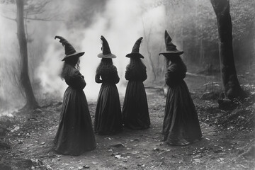 Witches stand in a circle in a dark forest, 19 century photo