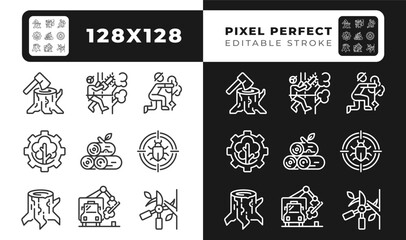 Forestry industry linear icons set for dark, light mode. Tree cutting and trimming. Forest management. Arborist. Thin line symbols for night, day theme. Isolated illustrations. Editable stroke