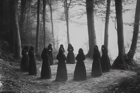 Witches stand in a circle in a dark forest, 19 century photo