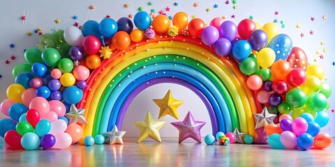 a colorful party setup with a large rainbow inflate