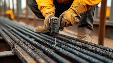 Construction Worker Using a Drill to Secure Rebar