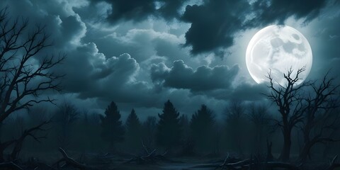 Dark, stormy clouds fill the sky with a full moon visible through the gloom. Silhouetted in the foreground are the shapes of trees and other structures.