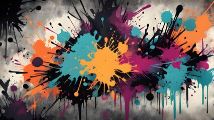 Fototapeta premium Abstract background with colorful paint splatters and drips on a textured surface.