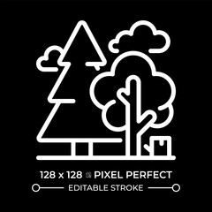 Forestry white linear icon for dark theme. Natural landscape. Tree species and selection. Forest scenery. Nature conservation. Thin line illustration. Isolated symbol for night mode. Editable stroke