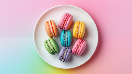 A white plate filled with colorful French macarons.The background is a soft gradient of pastel colors