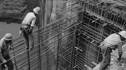 A vivid view of construction workers engaged in their tasks on the construction site. The workers are wearing hard hats and safety vests. They are using various tools and equipment. Some might be lift