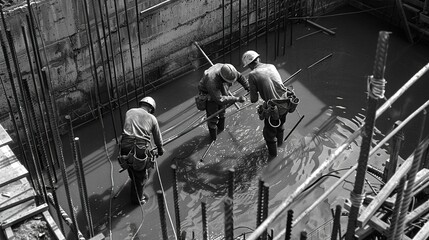 A vivid view of construction workers engaged in their tasks on the construction site. The workers are wearing hard hats and safety vests. They are using various tools and equipment. Some might be lift