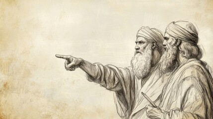 Fototapeta premium Biblical Illustration of David and Ziba, showcasing Ziba's passionate explanation, ideal for Bible wall art with a beige background.