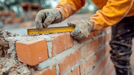 Construction Worker Measuring Brick Wall with Ruler
