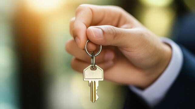 Schl&uuml;ssel&uuml;bergabe Schl&uuml;ssel wird von Hand gehalten h&auml;ngt an 2 Fingern Dach Haus Immobilien&uuml;bergabe symbolisch Hauskauf Generative AI