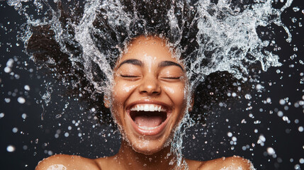 Obraz premium Joyful expression of an African American woman with curly hair, splashing water around her, creating vibrant and lively atmosphere. image captures essence of happiness and freedom