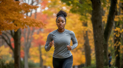 Fototapeta premium jeune femme noire en train de faire un jogging dans un parc à l'automne