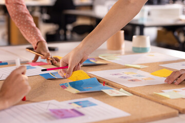 At office, Collaborating on creative writing, multiracial women brainstorming with sticky notes