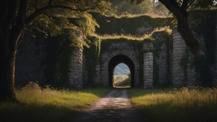 Overgrown Stone Castle with Dark Entrance.